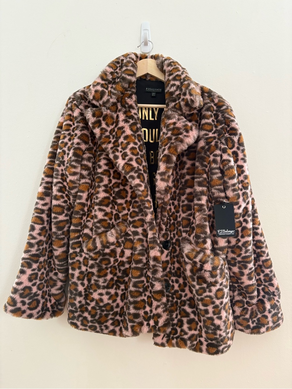 PJ Salvage Pink and Brown Leopard Faux Fur Jacket